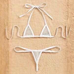 NWT White Extreme Sheer Fishnet Micro Triangle Top & Thong G-String Bikini